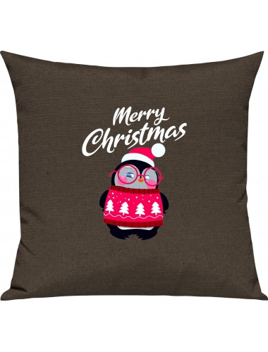 Kinder Kissen, Merry Christmas Pinguin Frohe Weihnachten, Kuschelkissen Couch Deko, Farbe braun