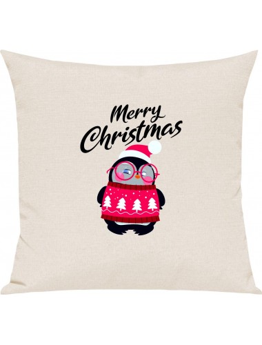 Kinder Kissen, Merry Christmas Pinguin Frohe Weihnachten, Kuschelkissen Couch Deko, Farbe creme