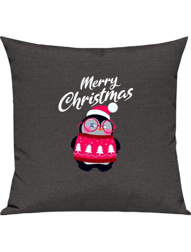 Kinder Kissen, Merry Christmas Pinguin Frohe Weihnachten, Kuschelkissen Couch Deko, Farbe dunkelgrau