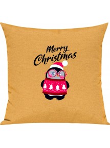Kinder Kissen, Merry Christmas Pinguin Frohe Weihnachten, Kuschelkissen Couch Deko, Farbe gelb