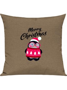 Kinder Kissen, Merry Christmas Pinguin Frohe Weihnachten, Kuschelkissen Couch Deko, Farbe hellbraun
