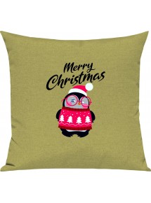 Kinder Kissen, Merry Christmas Pinguin Frohe Weihnachten, Kuschelkissen Couch Deko, Farbe hellgruen