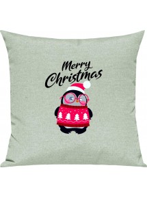Kinder Kissen, Merry Christmas Pinguin Frohe Weihnachten, Kuschelkissen Couch Deko, Farbe pastellgruen