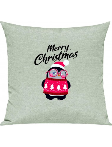 Kinder Kissen, Merry Christmas Pinguin Frohe Weihnachten, Kuschelkissen Couch Deko, Farbe pastellgruen