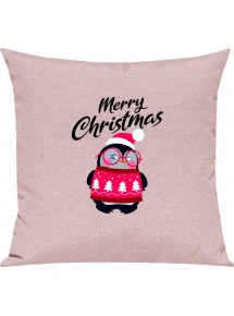Kinder Kissen, Merry Christmas Pinguin Frohe Weihnachten, Kuschelkissen Couch Deko, Farbe rosa