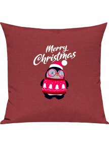 Kinder Kissen, Merry Christmas Pinguin Frohe Weihnachten, Kuschelkissen Couch Deko, Farbe rot