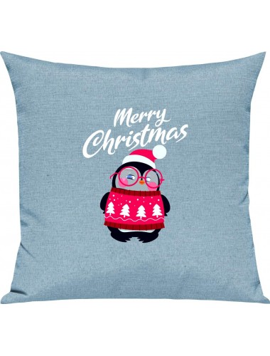 Kinder Kissen, Merry Christmas Pinguin Frohe Weihnachten, Kuschelkissen Couch Deko, Farbe tuerkis