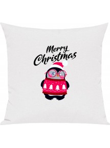 Kinder Kissen, Merry Christmas Pinguin Frohe Weihnachten, Kuschelkissen Couch Deko, Farbe weiss