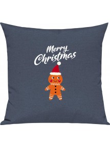 Kinder Kissen, Merry Christmas Lebkuchenmänchen Frohe Weihnachten, Kuschelkissen Couch Deko, Farbe blau