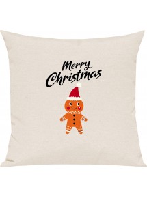 Kinder Kissen, Merry Christmas Lebkuchenmänchen Frohe Weihnachten, Kuschelkissen Couch Deko, Farbe creme