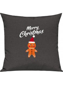 Kinder Kissen, Merry Christmas Lebkuchenmänchen Frohe Weihnachten, Kuschelkissen Couch Deko, Farbe dunkelgrau
