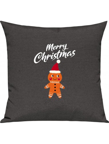 Kinder Kissen, Merry Christmas Lebkuchenmänchen Frohe Weihnachten, Kuschelkissen Couch Deko, Farbe dunkelgrau