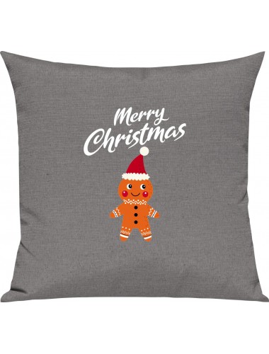 Kinder Kissen, Merry Christmas Lebkuchenmänchen Frohe Weihnachten, Kuschelkissen Couch Deko, Farbe grau