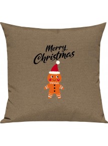 Kinder Kissen, Merry Christmas Lebkuchenmänchen Frohe Weihnachten, Kuschelkissen Couch Deko, Farbe hellbraun