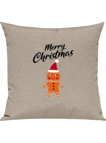 Kinder Kissen, Merry Christmas Lebkuchenmänchen Frohe Weihnachten, Kuschelkissen Couch Deko, Farbe sand
