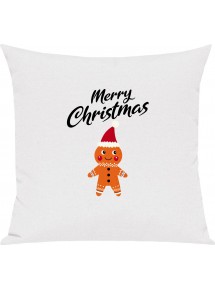 Kinder Kissen, Merry Christmas Lebkuchenmänchen Frohe Weihnachten, Kuschelkissen Couch Deko, Farbe weiss