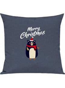Kinder Kissen, Merry Christmas Bär Frohe Weihnachten, Kuschelkissen Couch Deko, Farbe blau