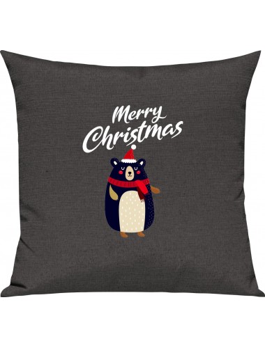 Kinder Kissen, Merry Christmas Bär Frohe Weihnachten, Kuschelkissen Couch Deko, Farbe dunkelgrau