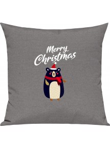 Kinder Kissen, Merry Christmas Bär Frohe Weihnachten, Kuschelkissen Couch Deko, Farbe grau