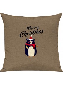 Kinder Kissen, Merry Christmas Bär Frohe Weihnachten, Kuschelkissen Couch Deko, Farbe hellbraun