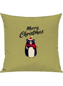 Kinder Kissen, Merry Christmas Bär Frohe Weihnachten, Kuschelkissen Couch Deko, Farbe hellgruen