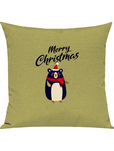Kinder Kissen, Merry Christmas Bär Frohe Weihnachten, Kuschelkissen Couch Deko, Farbe hellgruen