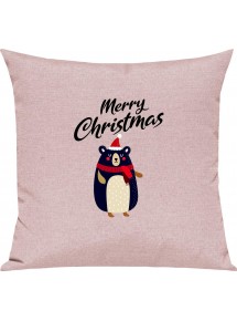 Kinder Kissen, Merry Christmas Bär Frohe Weihnachten, Kuschelkissen Couch Deko, Farbe rosa