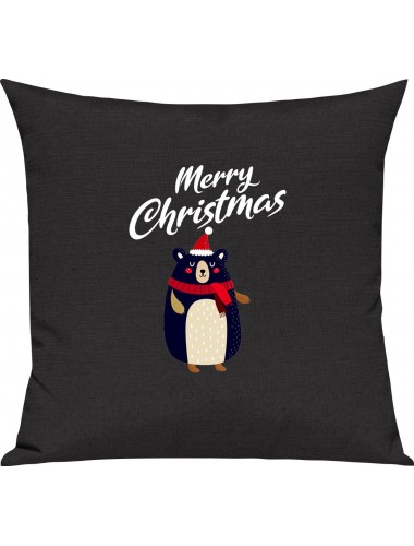 Kinder Kissen, Merry Christmas Bär Frohe Weihnachten, Kuschelkissen Couch Deko, Farbe schwarz
