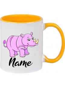 Kindertasse Tasse, Nashorn Rhino mit Wunschnamen Tiere Tier Natur, Tasse Kaffee Tee, gelb