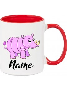 Kindertasse Tasse, Nashorn Rhino mit Wunschnamen Tiere Tier Natur, Tasse Kaffee Tee, rot