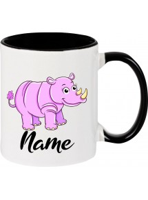 Kindertasse Tasse, Nashorn Rhino mit Wunschnamen Tiere Tier Natur, Tasse Kaffee Tee, schwarz