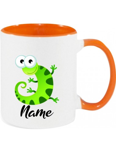 Kindertasse Tasse, Gecko Leguan Eidechse mit Wunschnamen Tiere Tier Natur, Tasse Kaffee Tee, orange