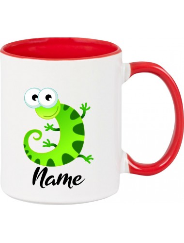 Kindertasse Tasse, Gecko Leguan Eidechse mit Wunschnamen Tiere Tier Natur, Tasse Kaffee Tee, rot