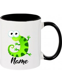 Kindertasse Tasse, Gecko Leguan Eidechse mit Wunschnamen Tiere Tier Natur, Tasse Kaffee Tee, schwarz