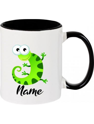 Kindertasse Tasse, Gecko Leguan Eidechse mit Wunschnamen Tiere Tier Natur, Tasse Kaffee Tee, schwarz