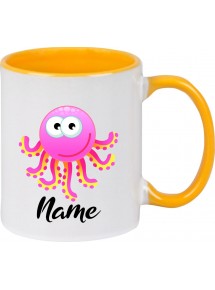 Kindertasse Tasse, Krake Oktopusmit Wunschnamen Tiere Tier Natur, Tasse Kaffee Tee, gelb