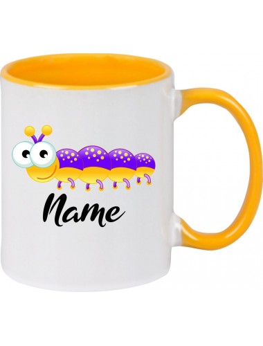 Kindertasse Tasse, Tausendfüßler Käfer Raupe mit Wunschnamen Tiere Tier Natur, Tasse Kaffee Tee, gelb