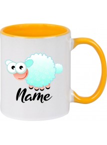 Kindertasse Tasse, Schaf Schäfchen Sheep mit Wunschnamen Tiere Tier Natur, Tasse Kaffee Tee, gelb