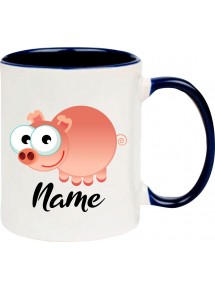 Kindertasse Tasse, Schwein Ferkel Pig mit Wunschnamen Tiere Tier Natur, Tasse Kaffee Tee, blau
