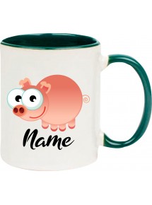Kindertasse Tasse, Schwein Ferkel Pig mit Wunschnamen Tiere Tier Natur, Tasse Kaffee Tee, gruen