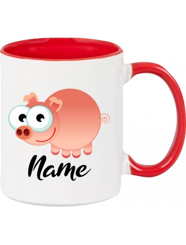 Kindertasse Tasse, Schwein Ferkel Pig mit Wunschnamen Tiere Tier Natur, Tasse Kaffee Tee, rot