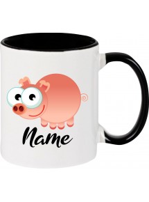 Kindertasse Tasse, Schwein Ferkel Pig mit Wunschnamen Tiere Tier Natur, Tasse Kaffee Tee, schwarz