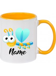 Kindertasse Tasse, Libelle Insekt mit Wunschnamen Tiere Tier Natur, Tasse Kaffee Tee, gelb