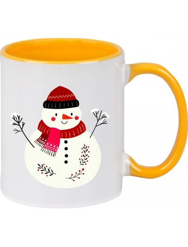 Kindertasse Tasse, Schneemann Snowman Weihnachten Christmas Winter Schnee Tiere Tier Natur, Tasse Kaffee Tee, gelb