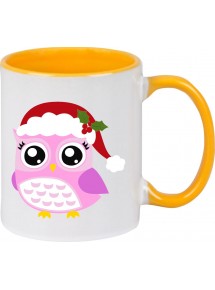Kindertasse Tasse, Eule Owl Weihnachten Christmas Winter Schnee Tiere Tier Natur, Tasse Kaffee Tee, gelb