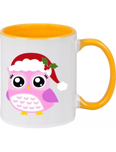 Kindertasse Tasse, Eule Owl Weihnachten Christmas Winter Schnee Tiere Tier Natur, Tasse Kaffee Tee, gelb