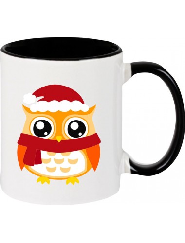 Kindertasse Tasse, Eule Owl Weihnachten Christmas Winter Schnee Tiere Tier Natur, Tasse Kaffee Tee, schwarz