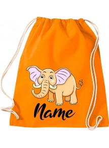 Kinder Gymsack, Elefant Elephant mit Wunschnamen Tiere Tier Natur, Gym Sportbeutel, orange