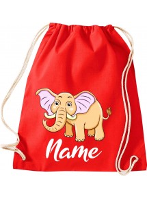 Kinder Gymsack, Elefant Elephant mit Wunschnamen Tiere Tier Natur, Gym Sportbeutel, rot