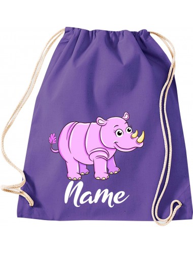 Kinder Gymsack, Nashorn Rhino mit Wunschnamen Tiere Tier Natur, Gym Sportbeutel, purple